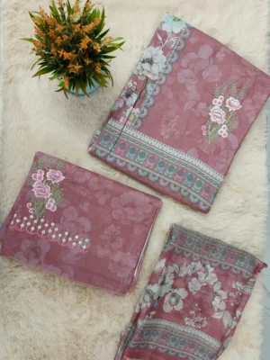 Cotton Fabric | Mauve & Dusty Rose Floral Print | Geometric Border Design | Unstitched Suit