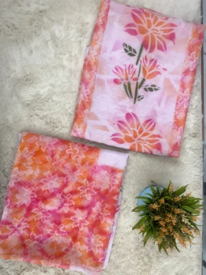 Teby fabric unstitched suit in pink & orange floral design
