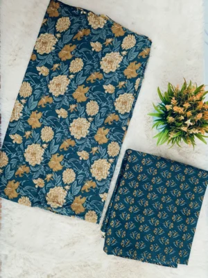 Cotton Dark Teal Floral Printed Unstitched Suit