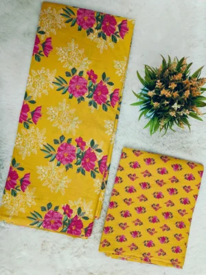 Cotton Yellow Floral Printed Unstitched Suit