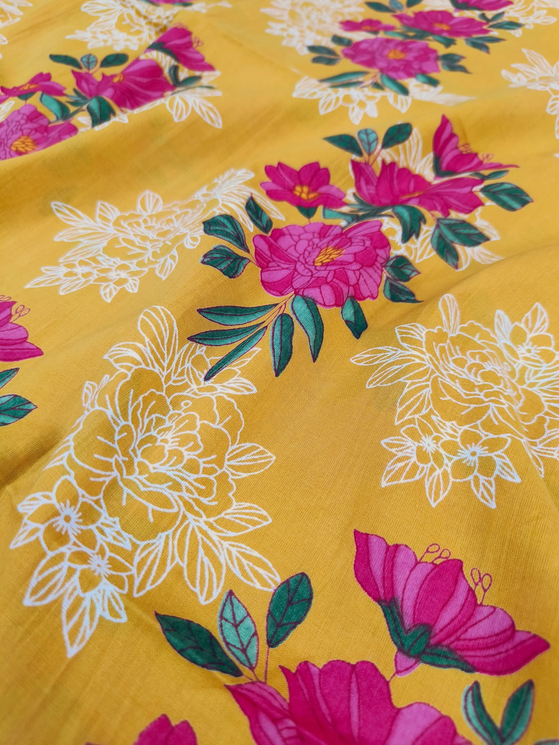 Cotton Yellow Floral Printed Unstitched Suit | Ethnic Wear - Image 5
