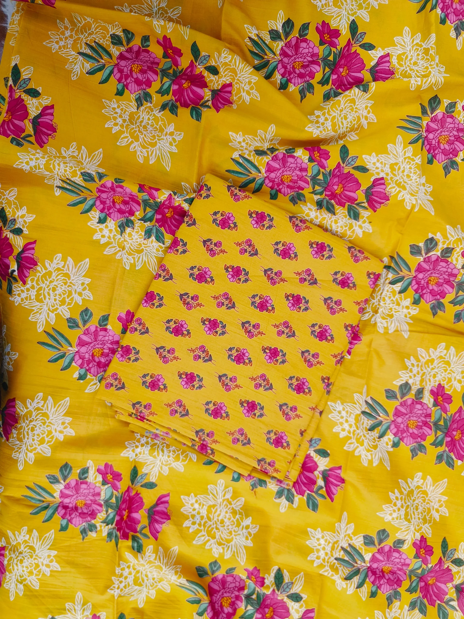 Cotton Yellow Floral Printed Unstitched Suit | Ethnic Wear - Image 3