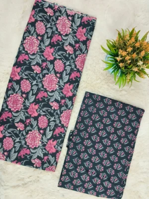 Cotton Dark Navy Pink Floral Printed Unstitched Suit
