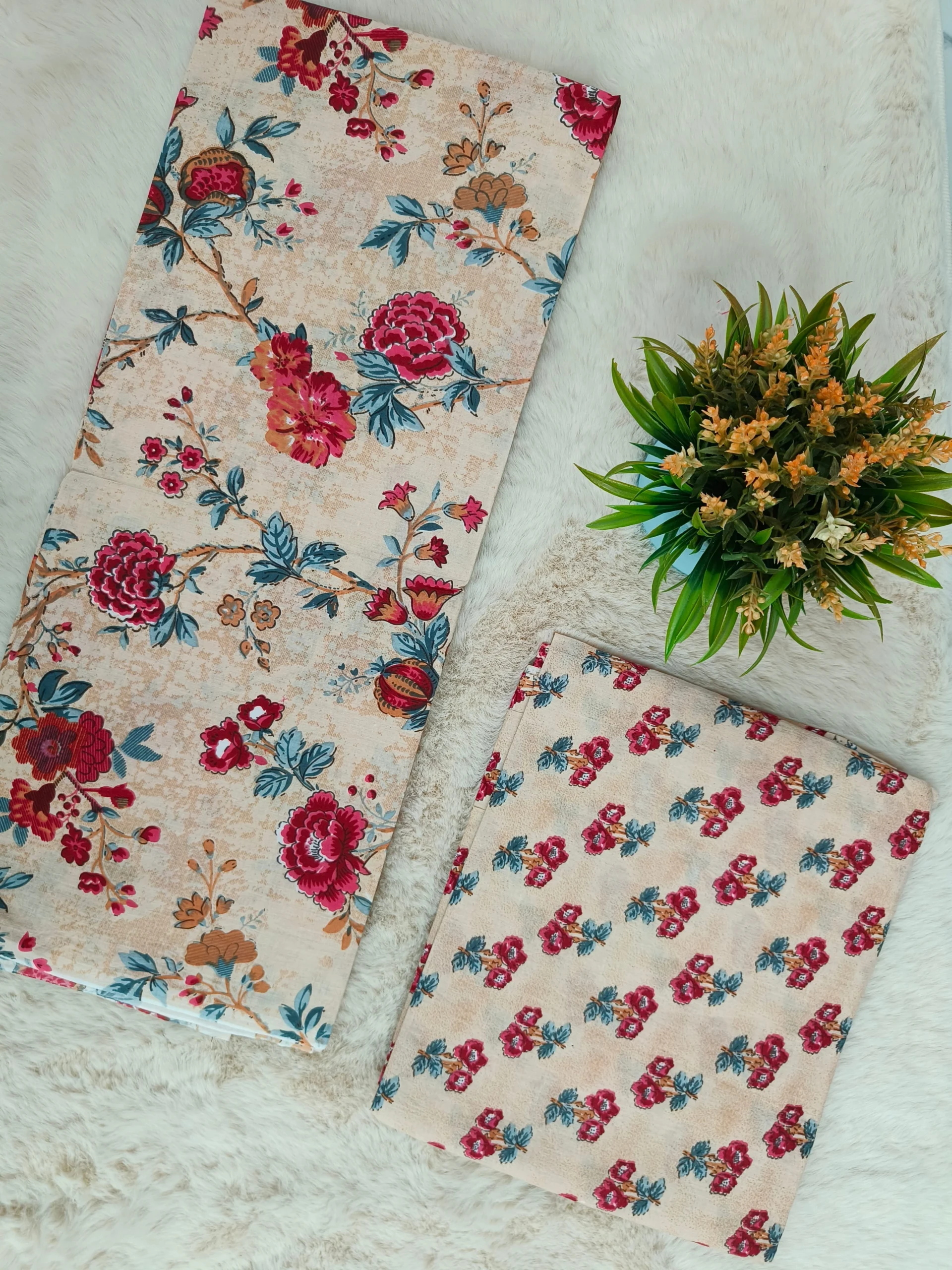 Cotton Fabric | Beige with Red Floral Print | Printed Pattern Suit | Unstitched Suit
