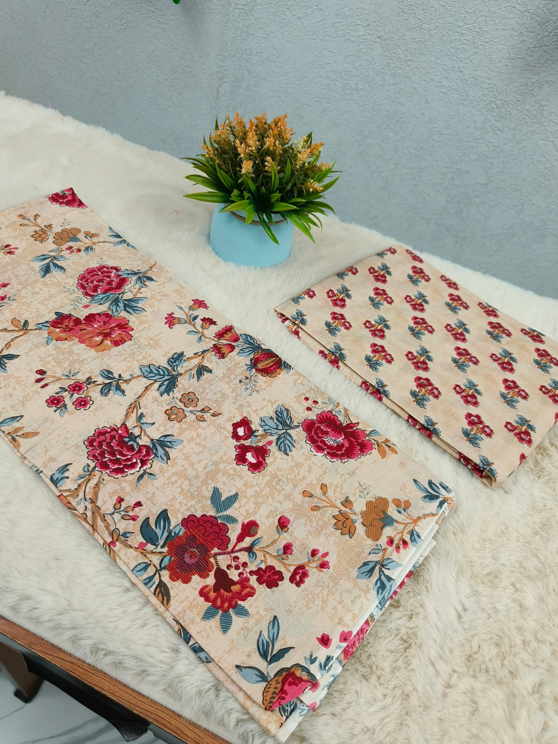 Cotton Fabric | Beige with Red Floral Print | Printed Pattern Suit | Unstitched Suit