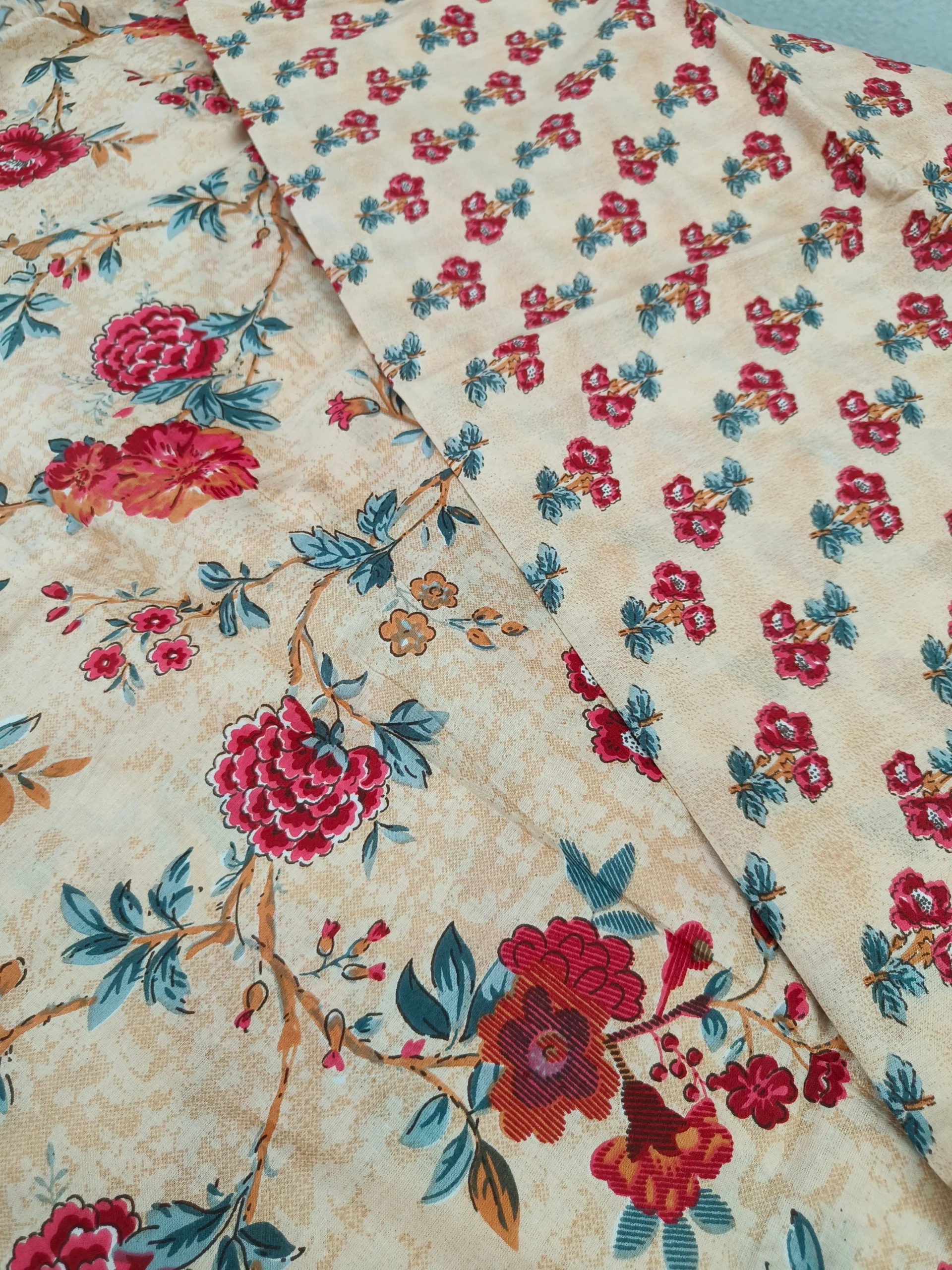 Cotton Fabric | Beige with Red Floral Print | Printed Pattern Suit | Unstitched Suit