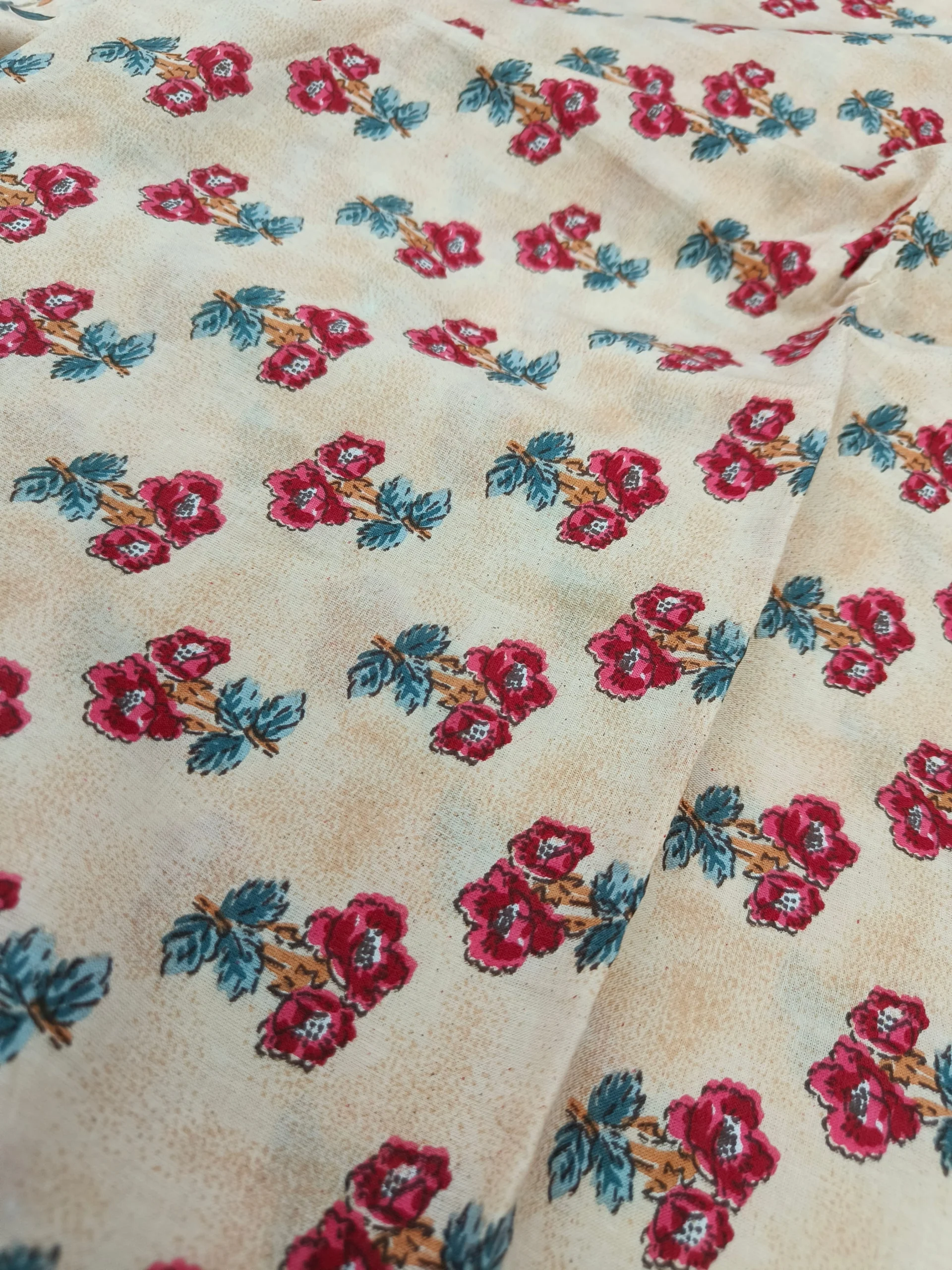 Cotton Fabric | Beige with Red Floral Print | Printed Pattern Suit | Unstitched Suit