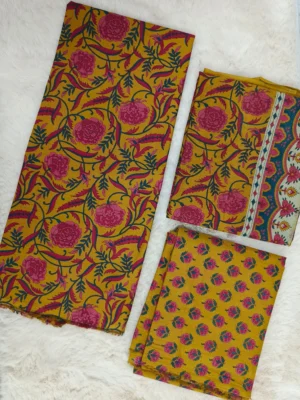 Cotton Mustard Yellow Floral Unstitched Suit