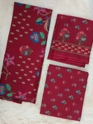 Cotton Red Floral Printed Unstitched Suit
