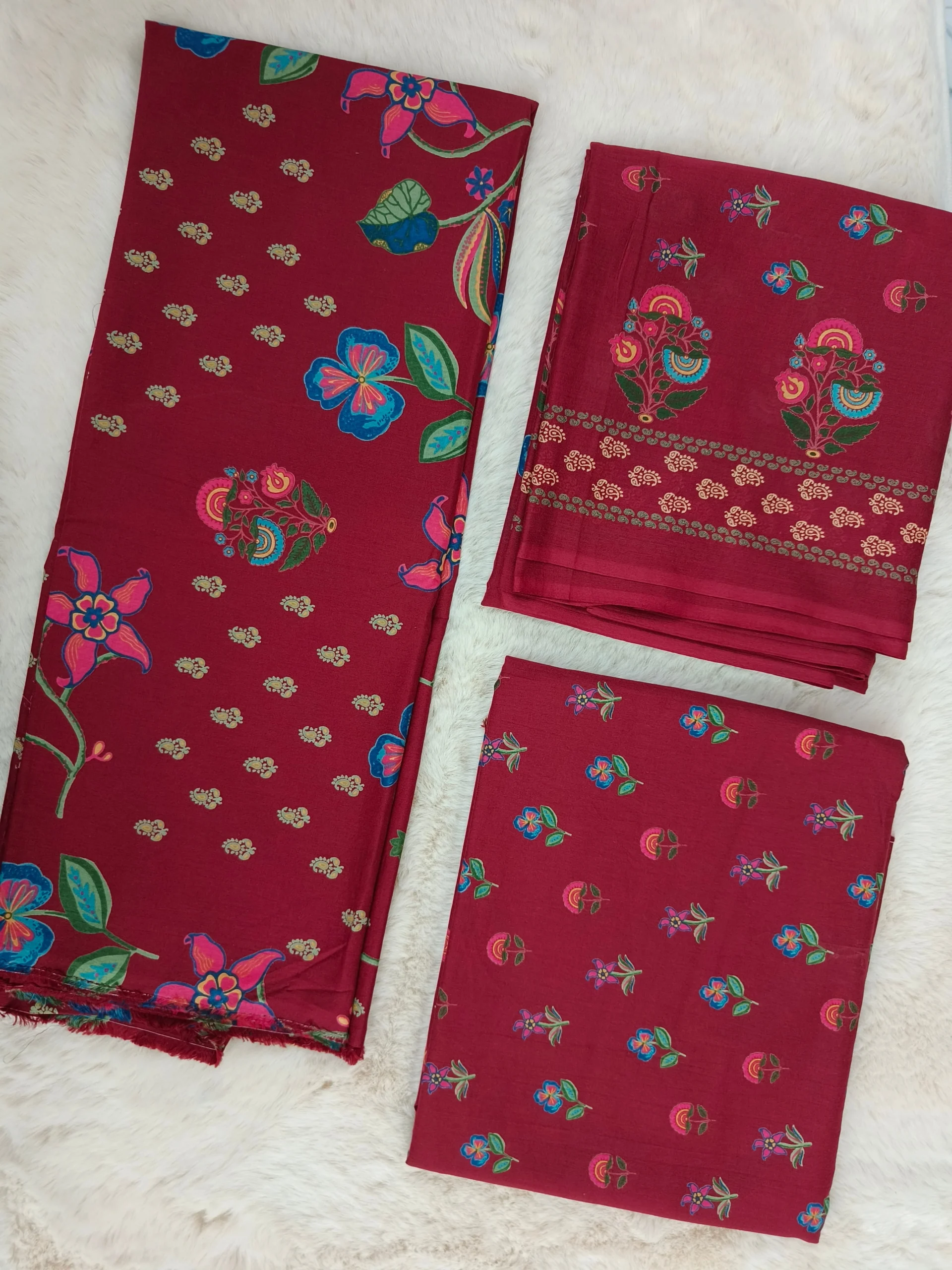 Cotton Red Floral Printed Unstitched Suit