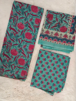 Cotton Unstitched Suit Turquoise Red Floral Printed Pattern