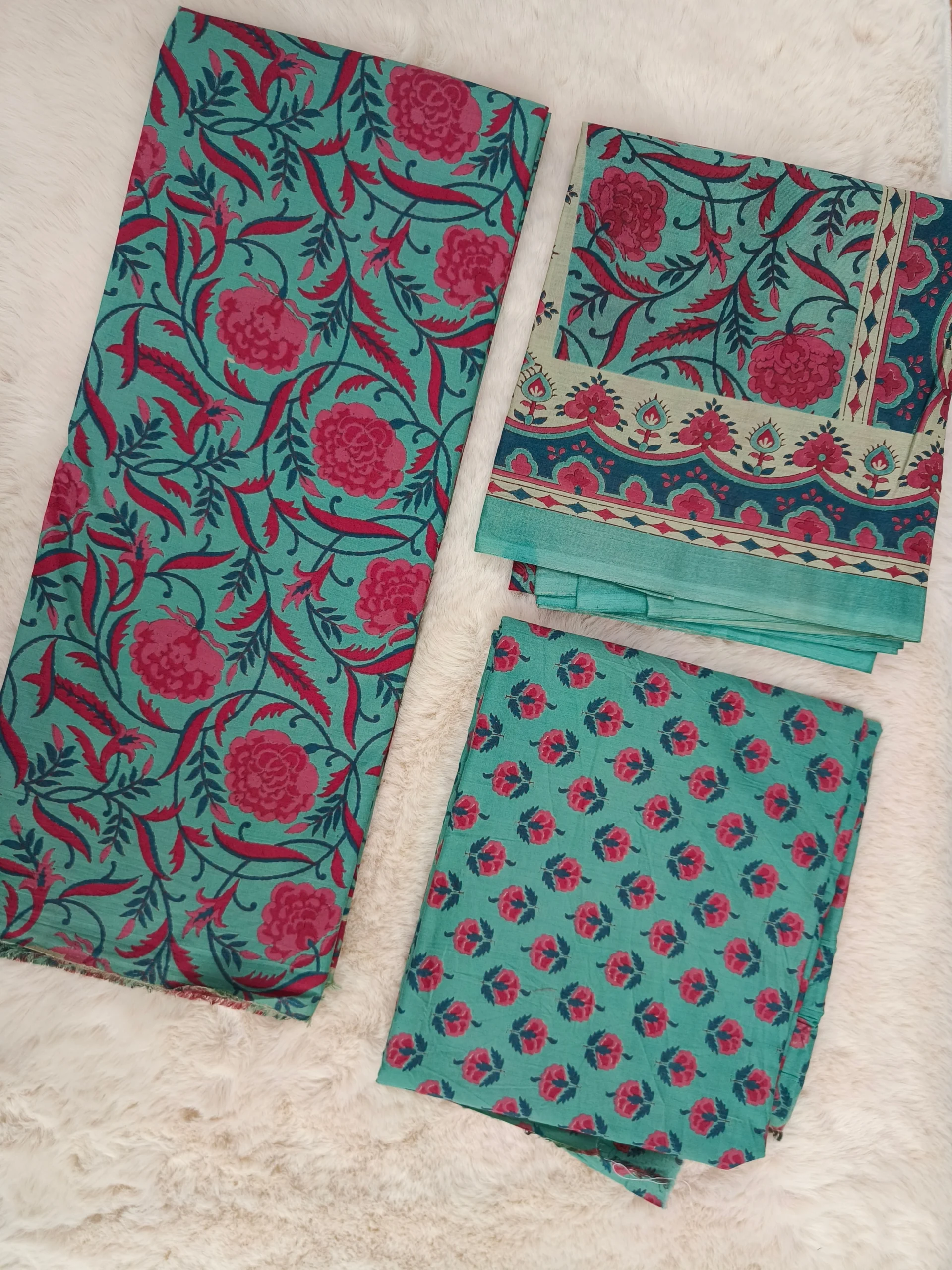 Cotton Unstitched Suit Turquoise Red Floral Printed Pattern