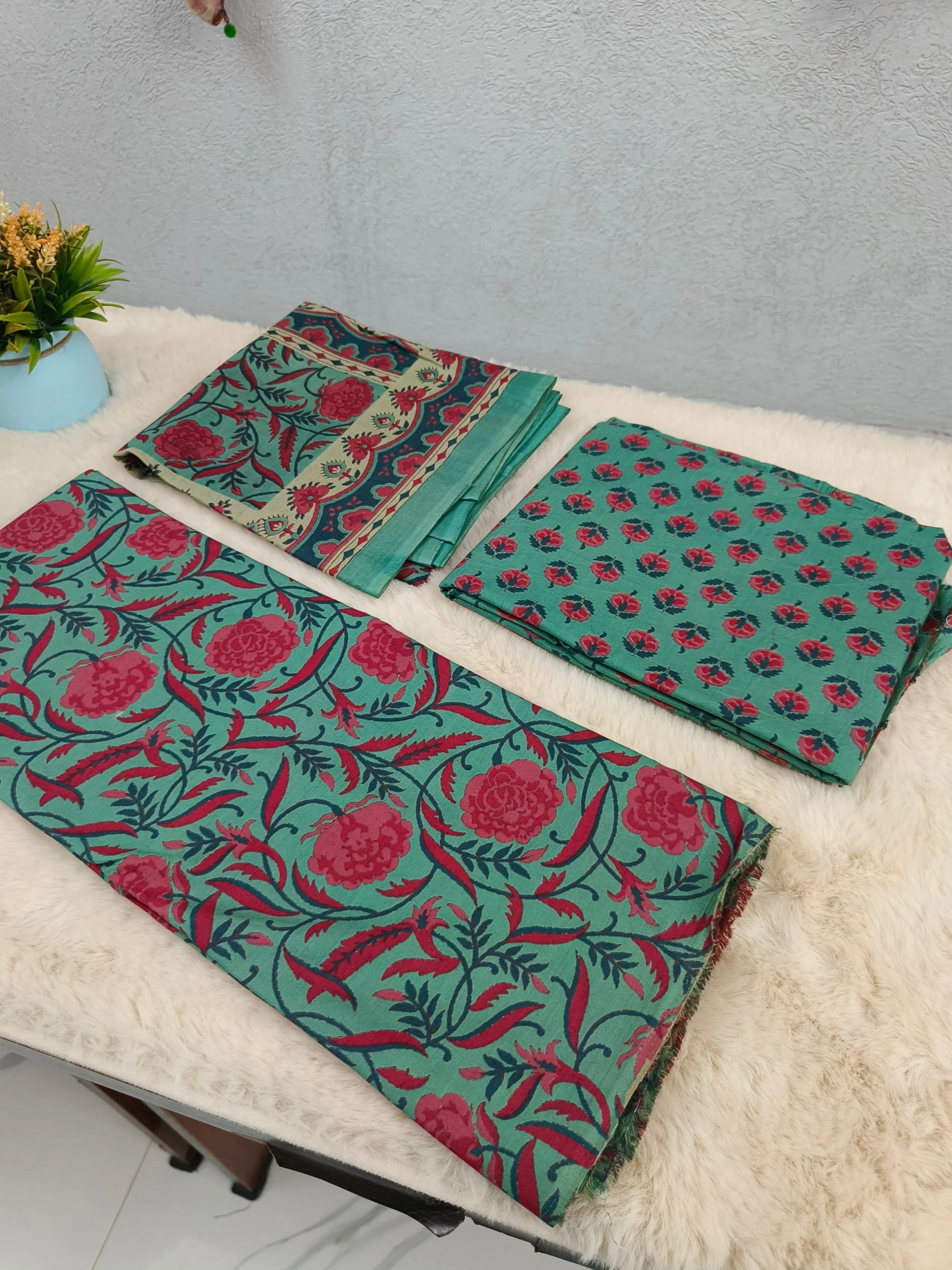 Cotton Fabric | Turquoise Red Floral Suit | Printed Pattern | Unstitched Suit - Image 2