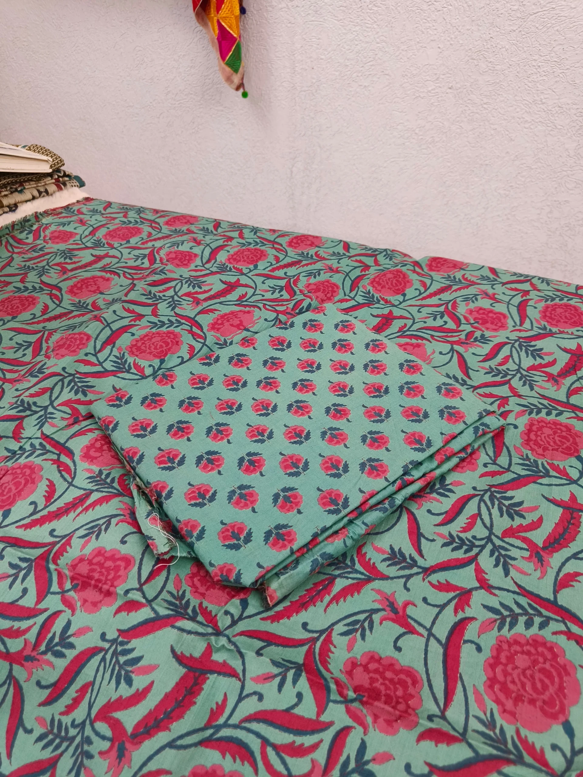 Cotton Fabric | Turquoise Red Floral Suit | Printed Pattern | Unstitched Suit - Image 4