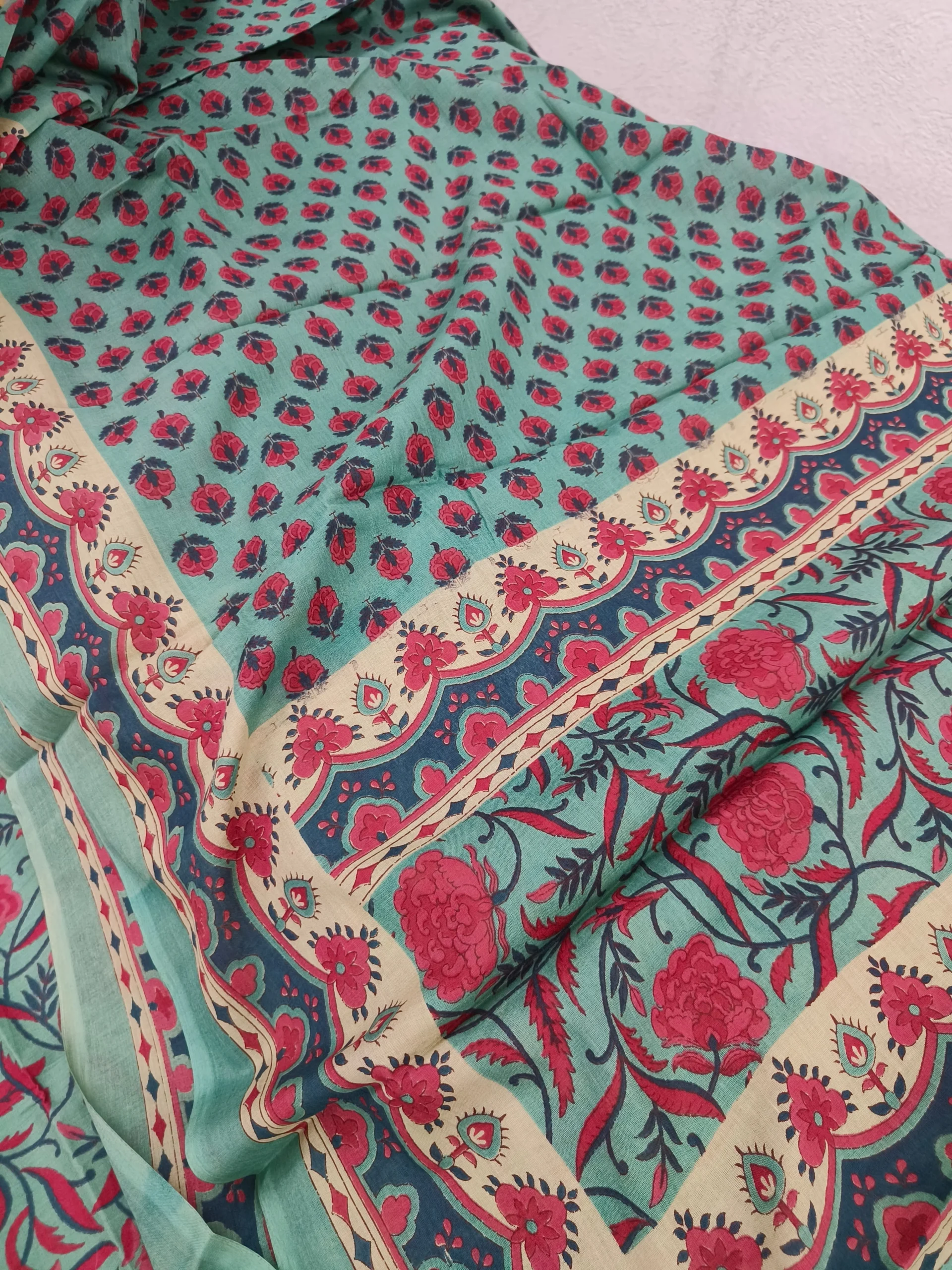 Cotton Fabric | Turquoise Red Floral Suit | Printed Pattern | Unstitched Suit - Image 6