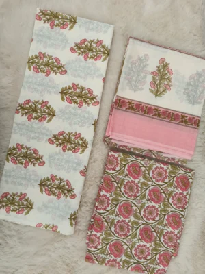 Cotton Fabric | Pink & Green Floral Suit | Printed Pattern | Unstitched Suit