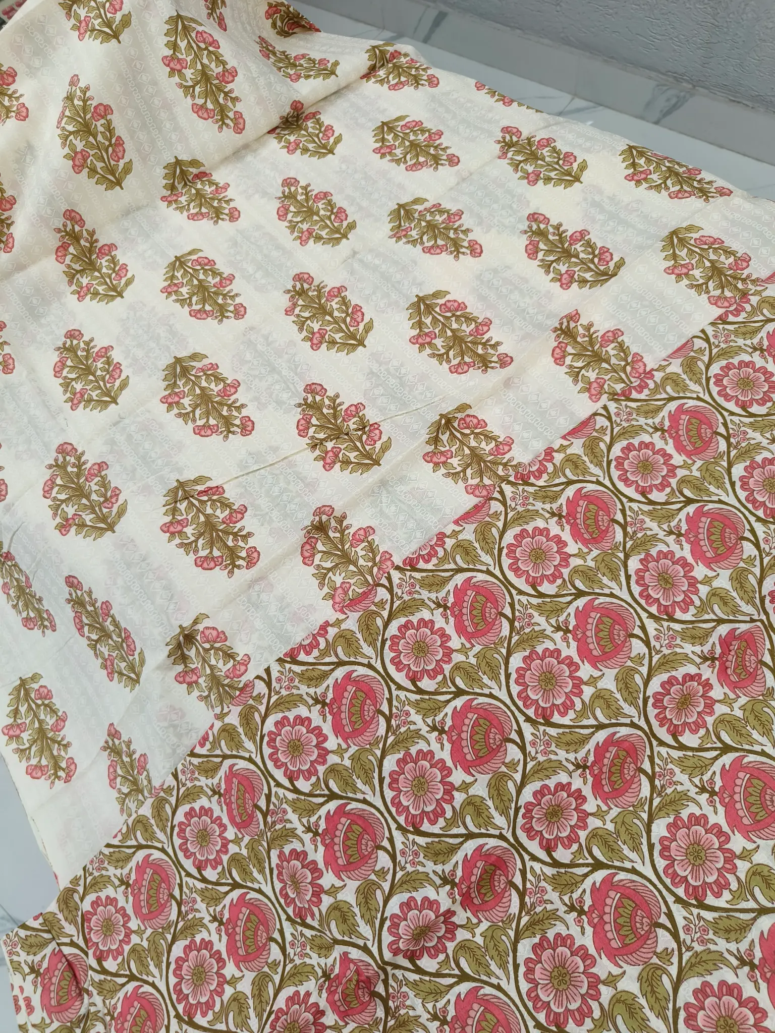 Cotton Fabric | Pink & Green Floral Suit | Printed Pattern | Unstitched Suit