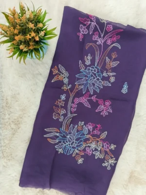 Organza Fabric | Dark Purple Multicolor | Shadow Work Pattern | Unstitched Suit