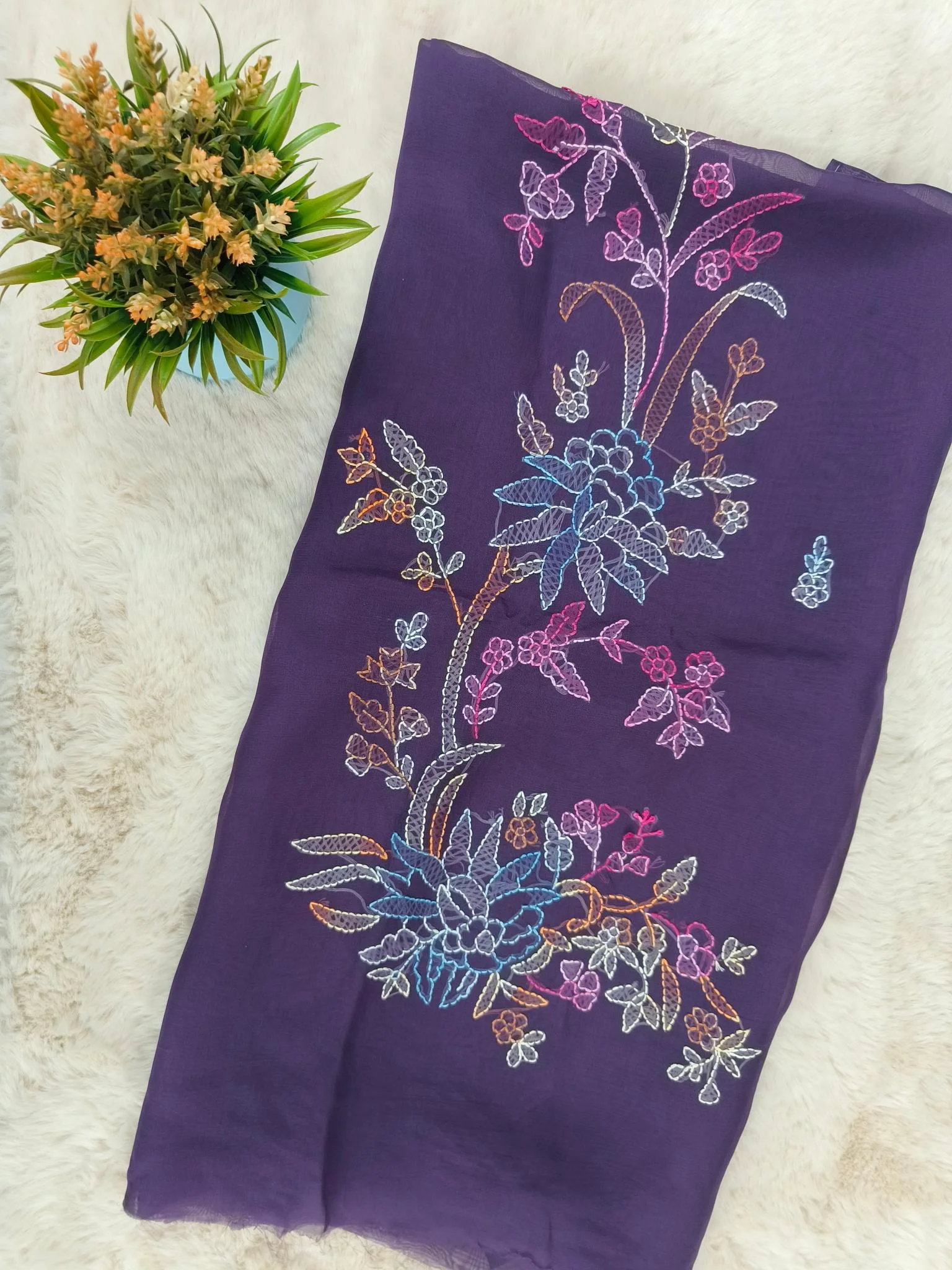 Organza Fabric | Dark Purple Multicolor | Shadow Work Pattern | Unstitched Suit