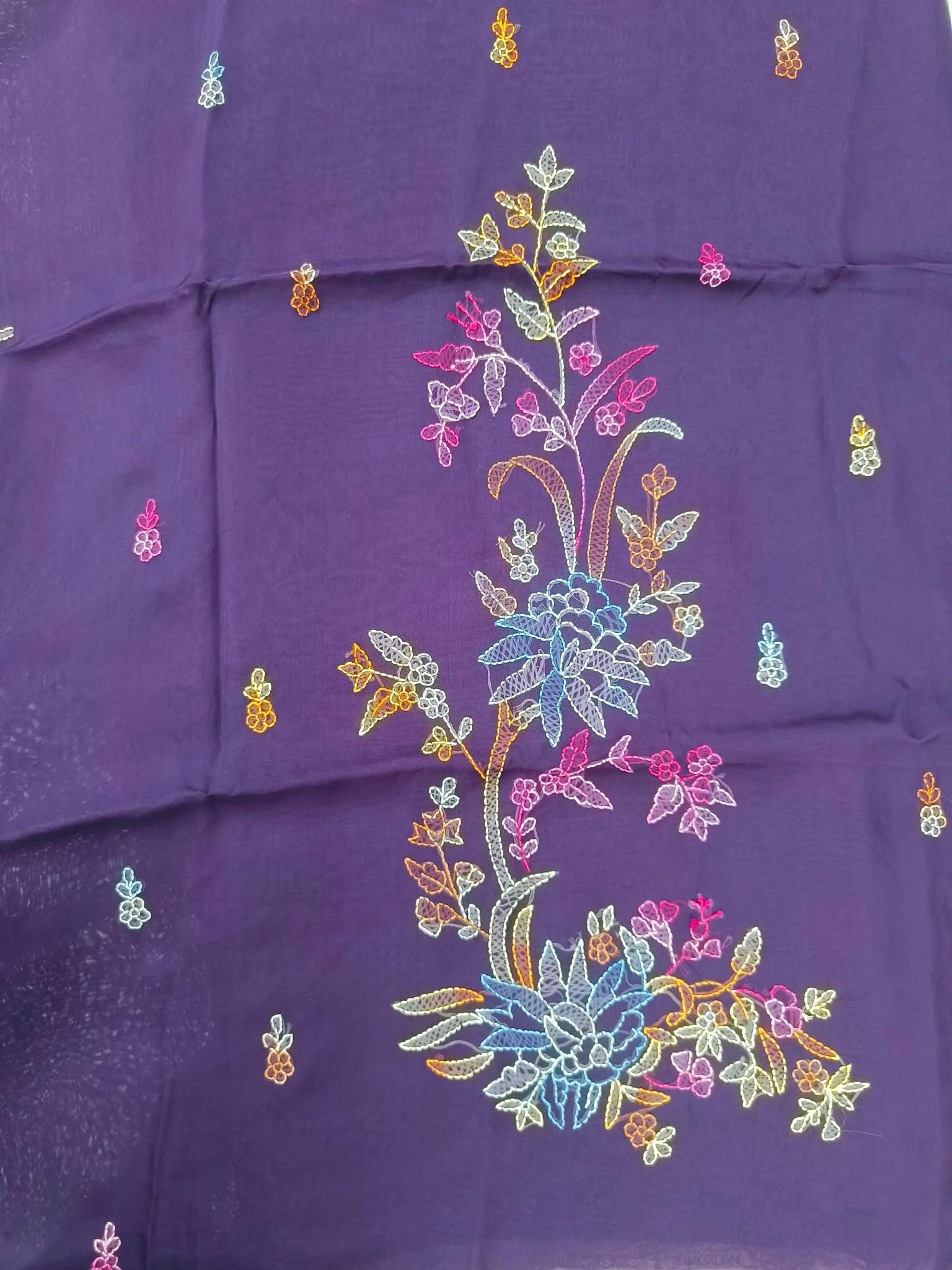 Organza Fabric | Dark Purple Multicolor | Shadow Work Pattern | Unstitched Suit