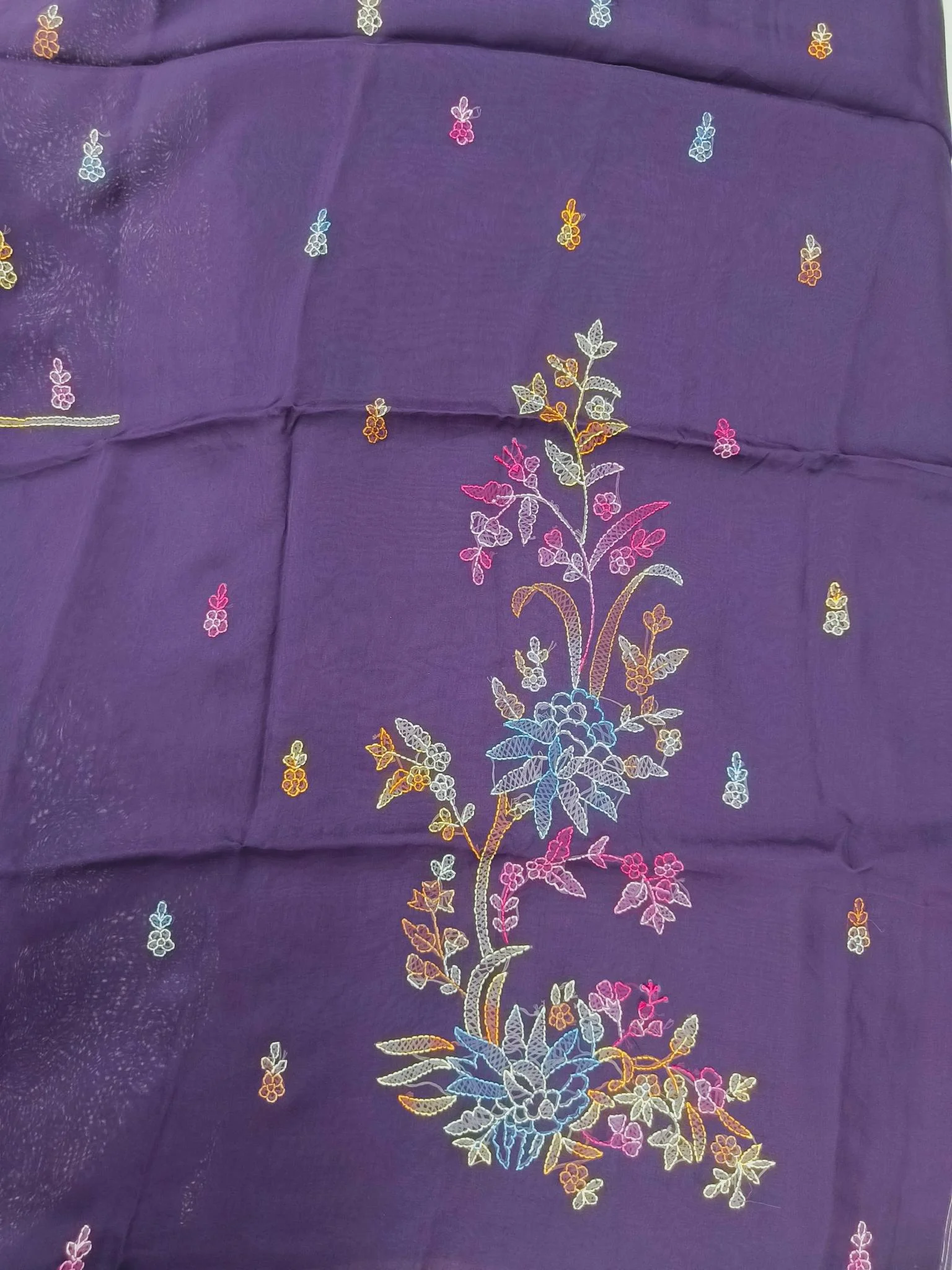 Organza Fabric | Dark Purple Multicolor | Shadow Work Pattern | Unstitched Suit