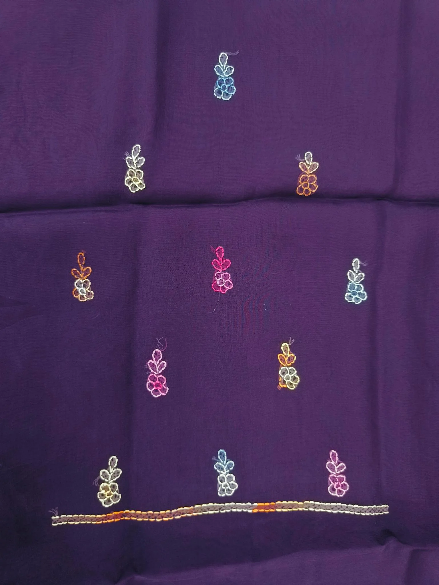Organza Fabric | Dark Purple Multicolor | Shadow Work Pattern | Unstitched Suit
