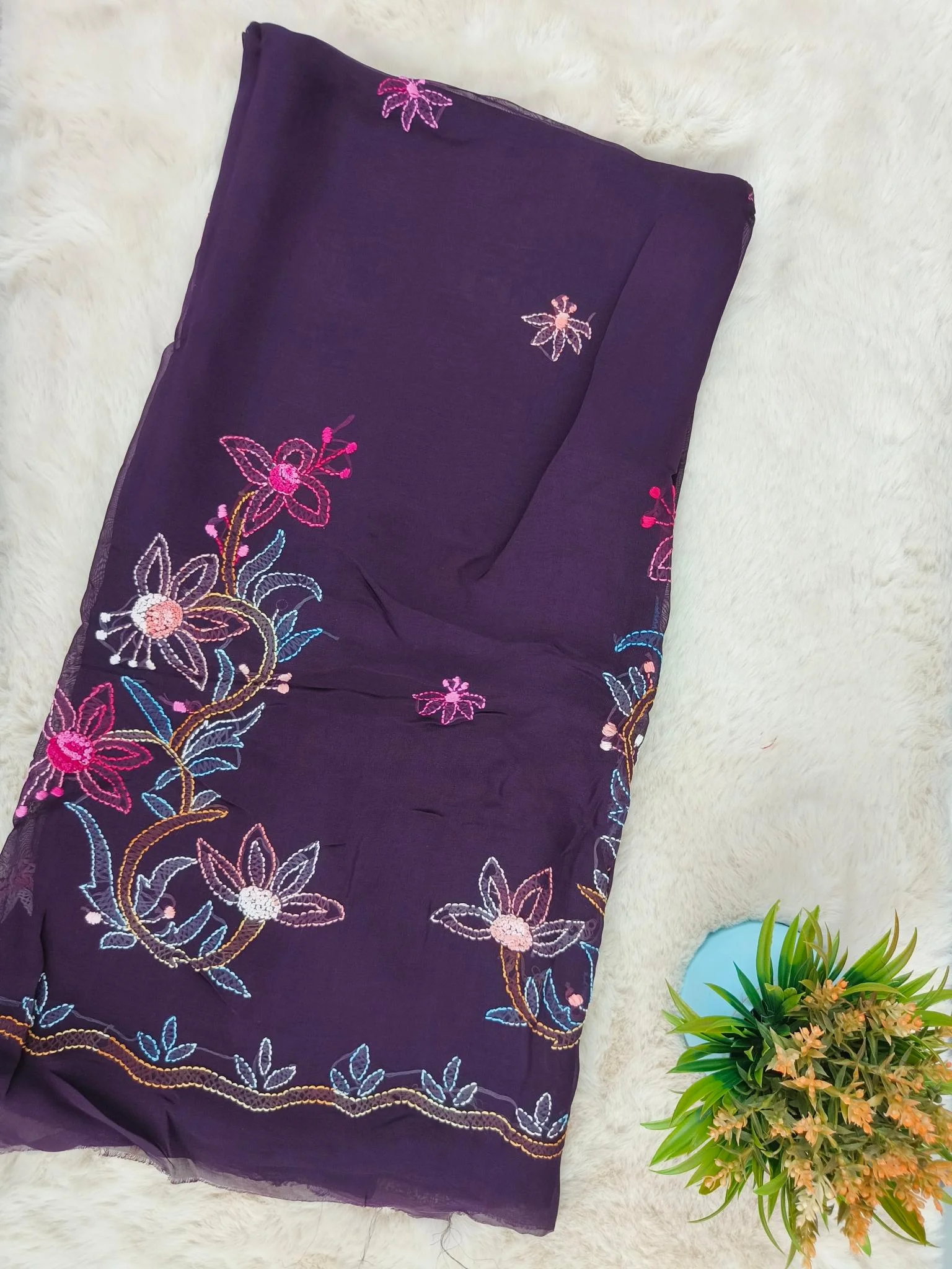 Organza Fabric | Dark Purple | Shadow Work Pattern | Unstitched Suit