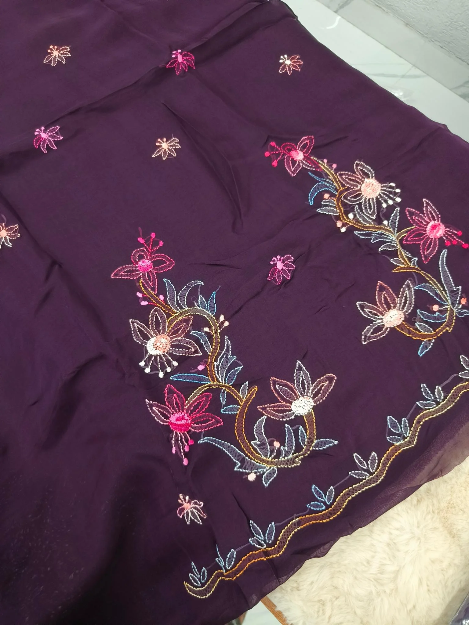 Organza Fabric | Dark Purple | Shadow Work Pattern | Unstitched Suit