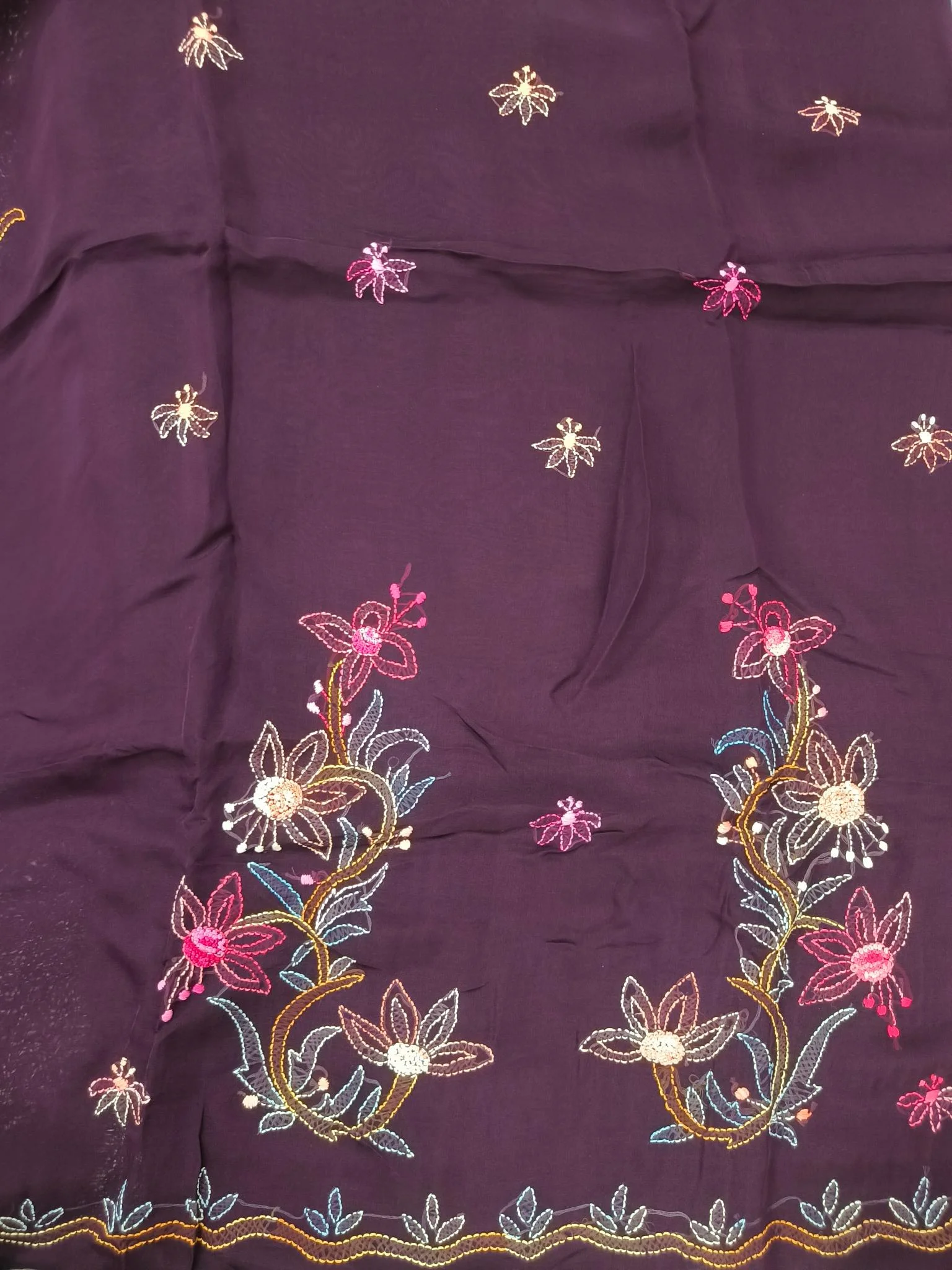 Organza Fabric | Dark Purple | Shadow Work Pattern | Unstitched Suit