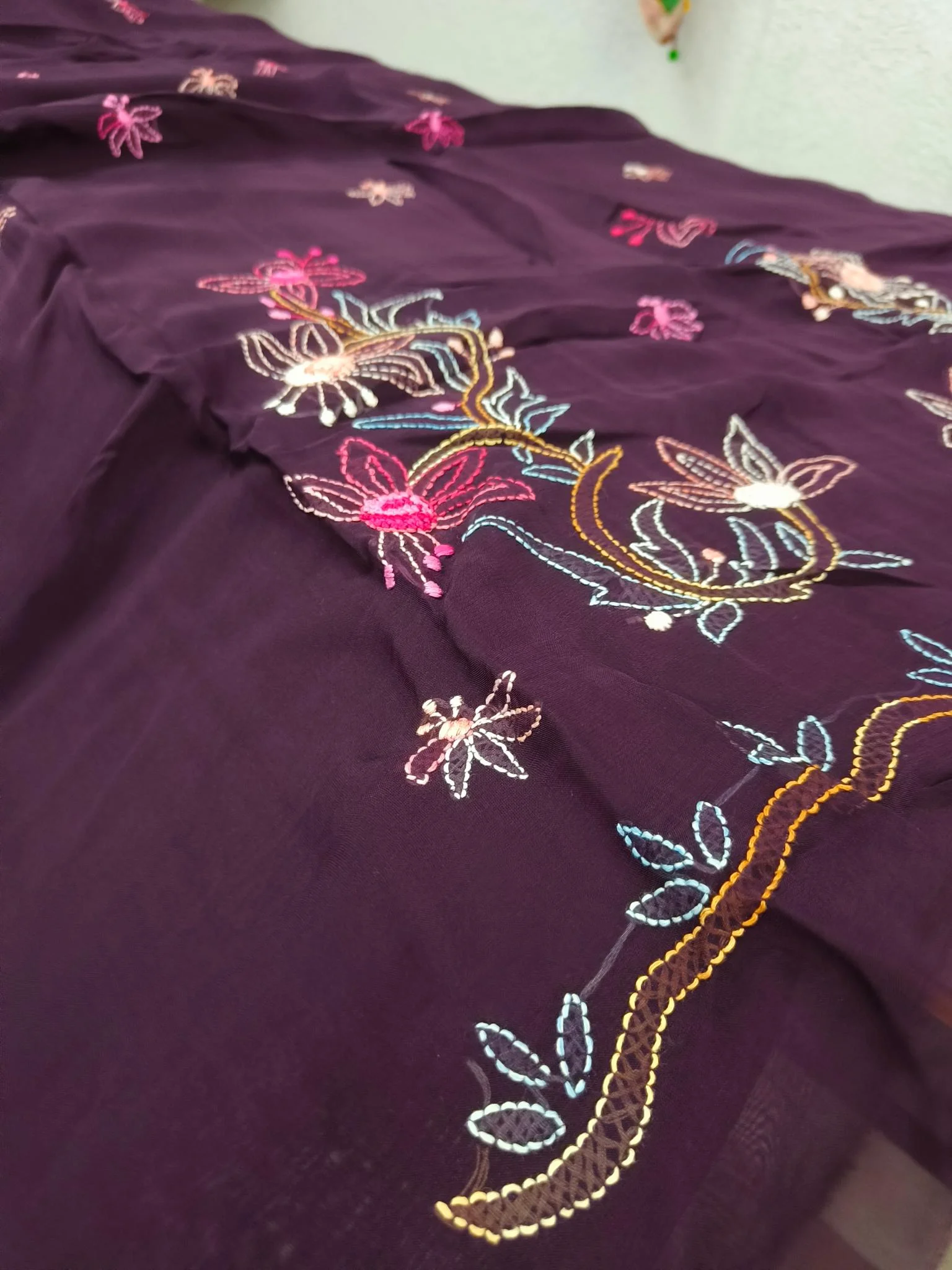 Organza Fabric | Dark Purple | Shadow Work Pattern | Unstitched Suit