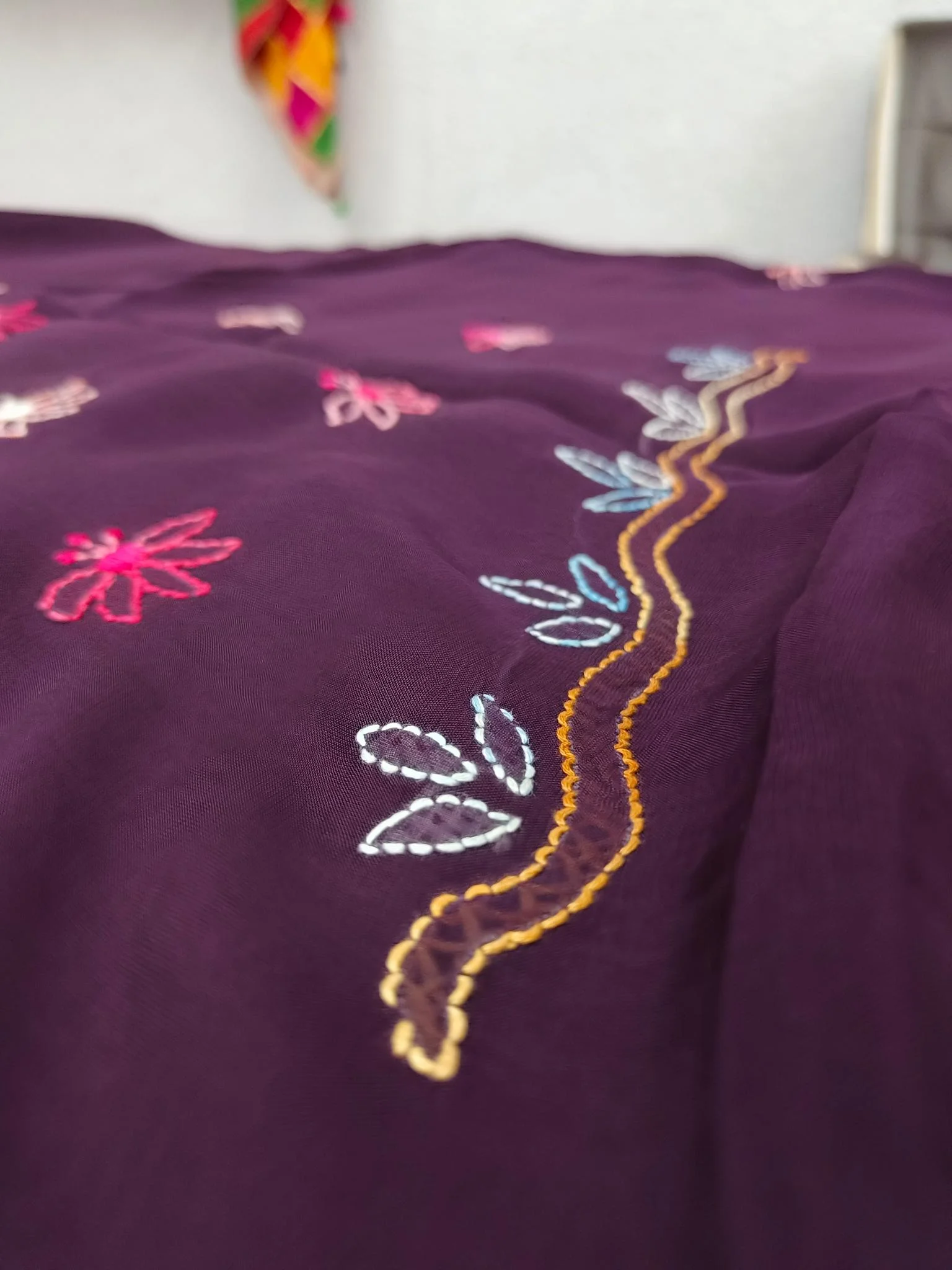 Organza Fabric | Dark Purple | Shadow Work Pattern | Unstitched Suit