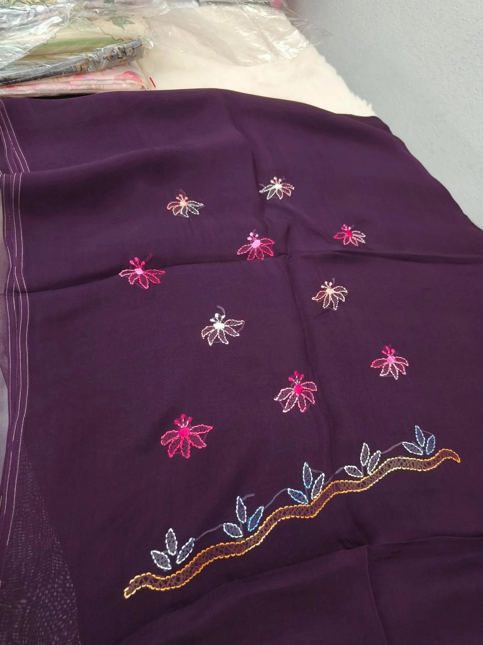 Organza Fabric | Dark Purple | Shadow Work Pattern | Unstitched Suit