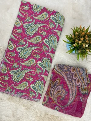 Butter Cotton Fabric | Magenta & Purple Paisley Suit Colors | Printed Paisley Pattern | Unstitched Suit