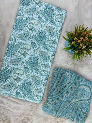 Butter Cotton Fabric | Blue & Teal Paisley Suit | Printed Pattern | Unstitched Suit