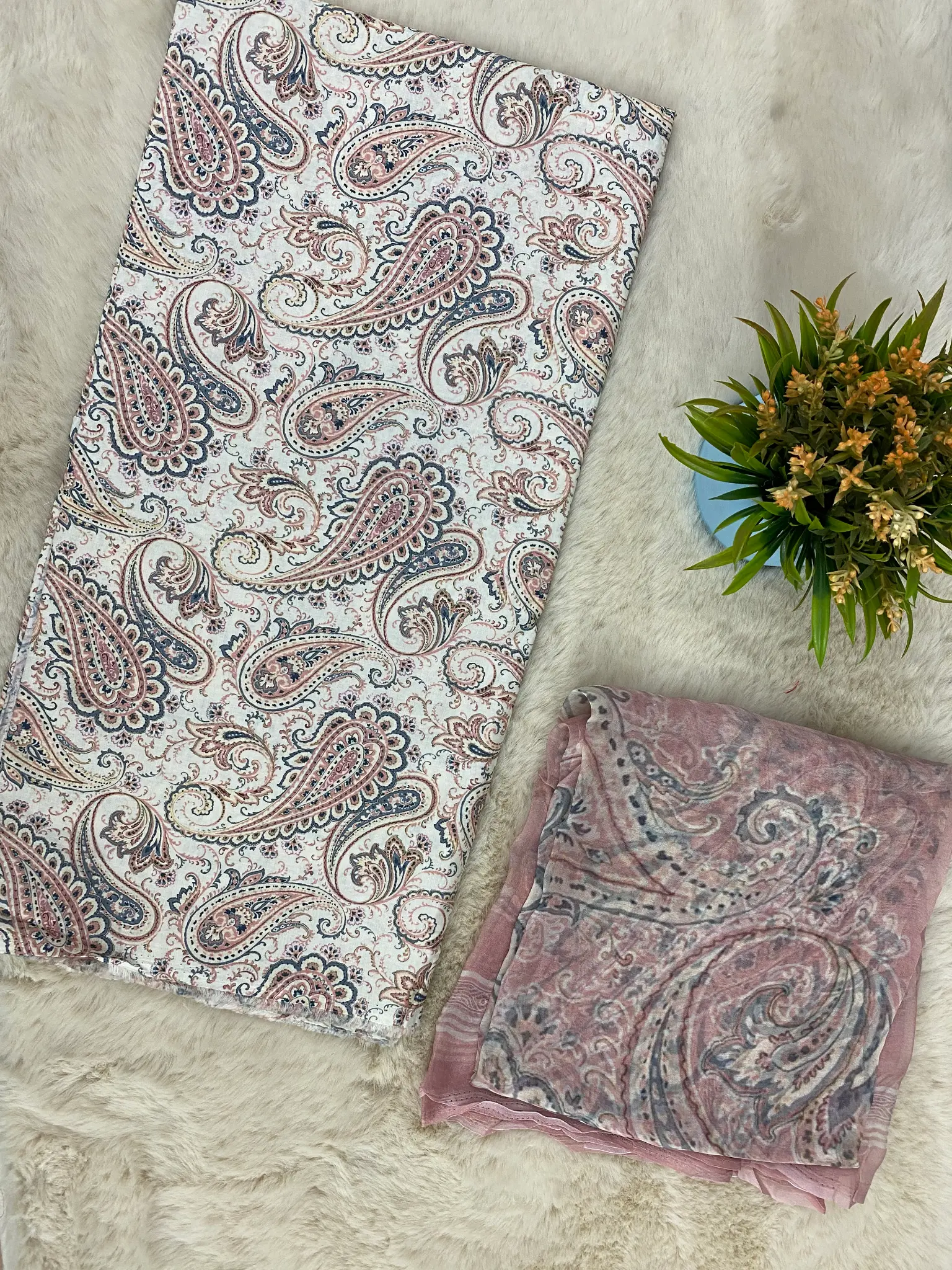 Butter Cotton Unstitched Suit Pink Grey Paisley