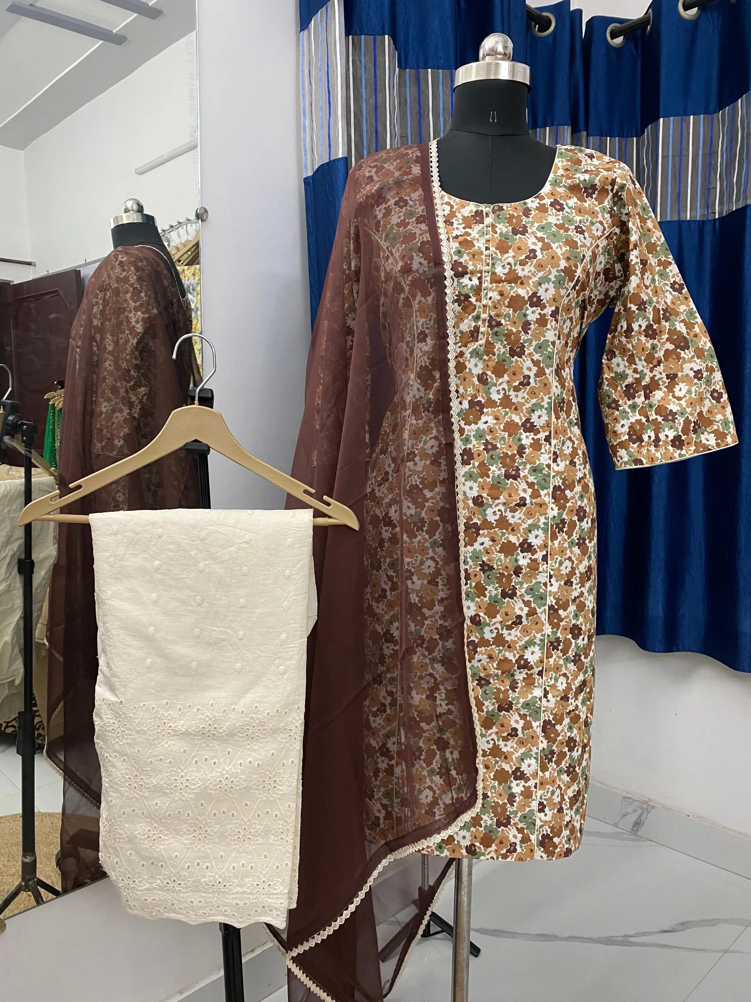 Cotton Fabric | Brown & Maroon Floral Suit | Printed Pattern | Unstitched Suit