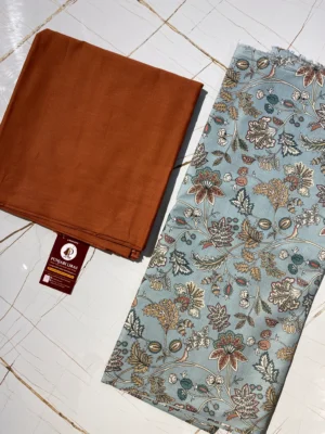 Cotton Fabric | Rust Brown & Light Blue Suit | Printed Floral Pattern | Unstitched Suit Material