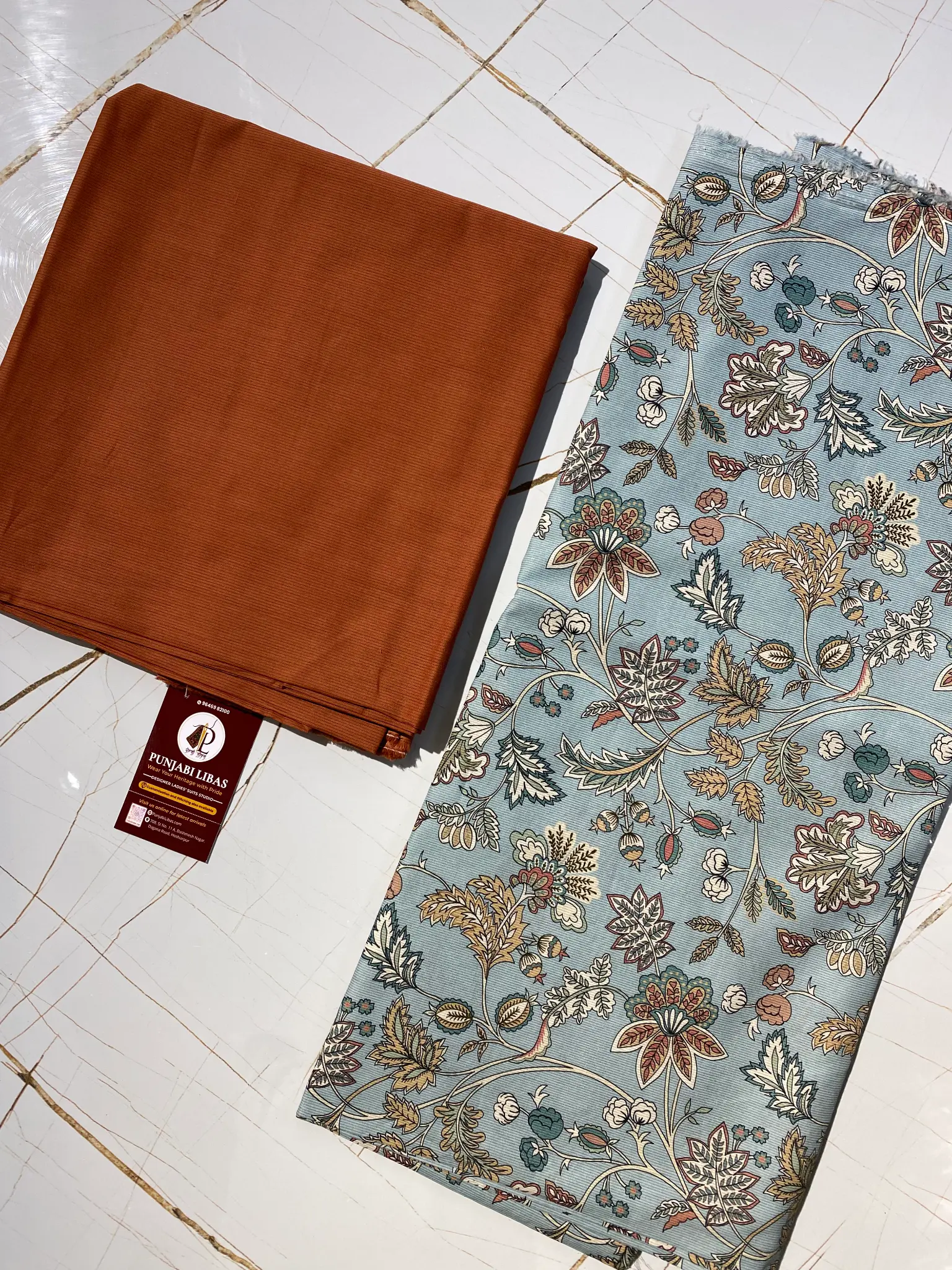 Cotton Fabric | Rust Brown & Light Blue Suit | Printed Floral Pattern | Unstitched Suit Material