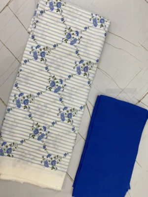Cotton Fabric | White & Blue Suit | Floral Printed Pattern | Unstitched Suit