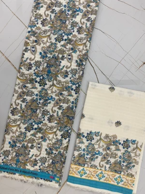 Cotton Fabric | Blue, Gold & Beige Suit | Paisley Floral Printed | Unstitched Suit