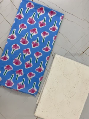 Cotton Unstitched Suit | Blue & White Fabric | Printed Floral & Embroidered Pattern |