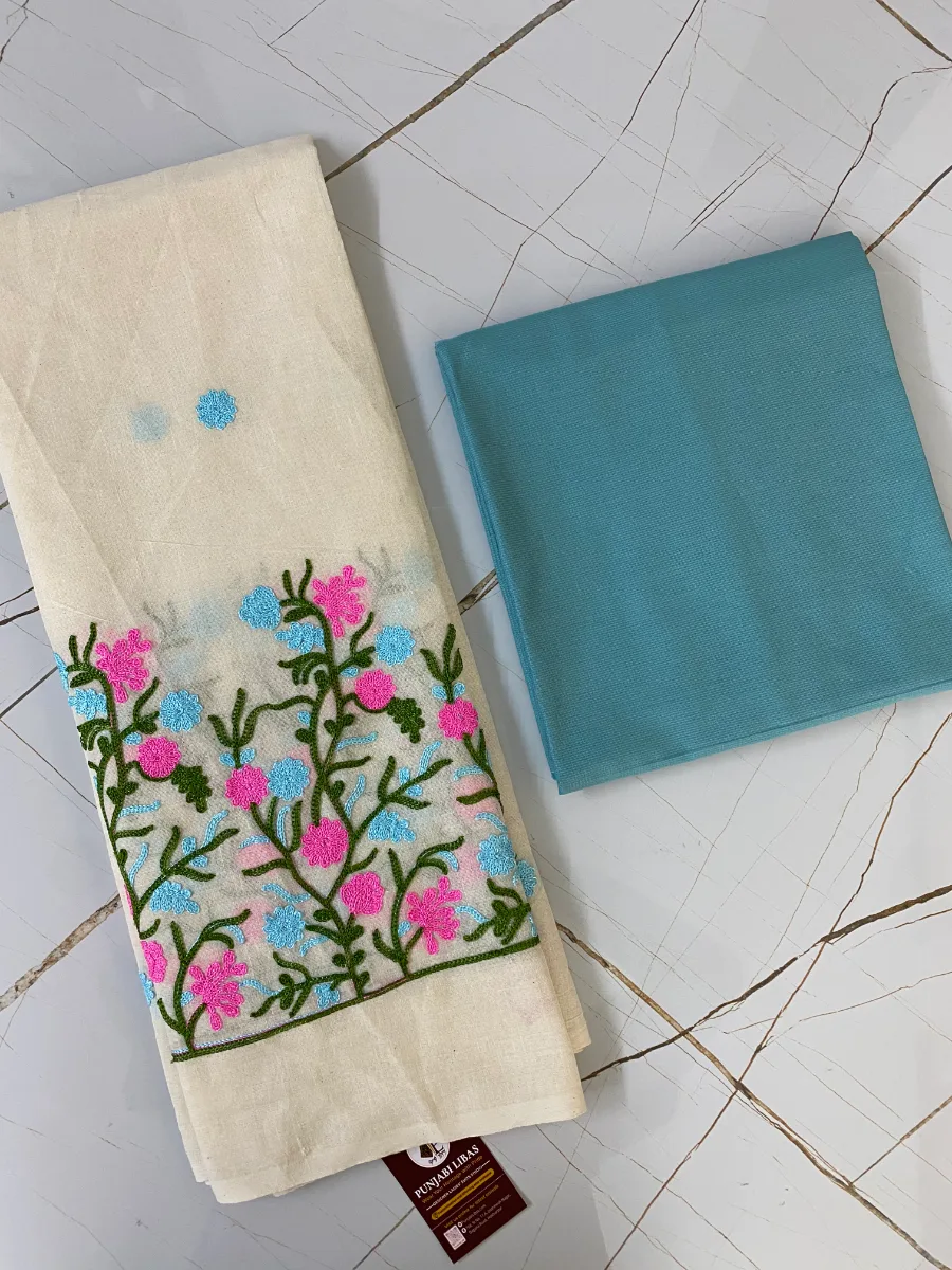 Cotton Linen Fabric | Cream & C green Suit | Thread Embroidered | Unstitched Suit