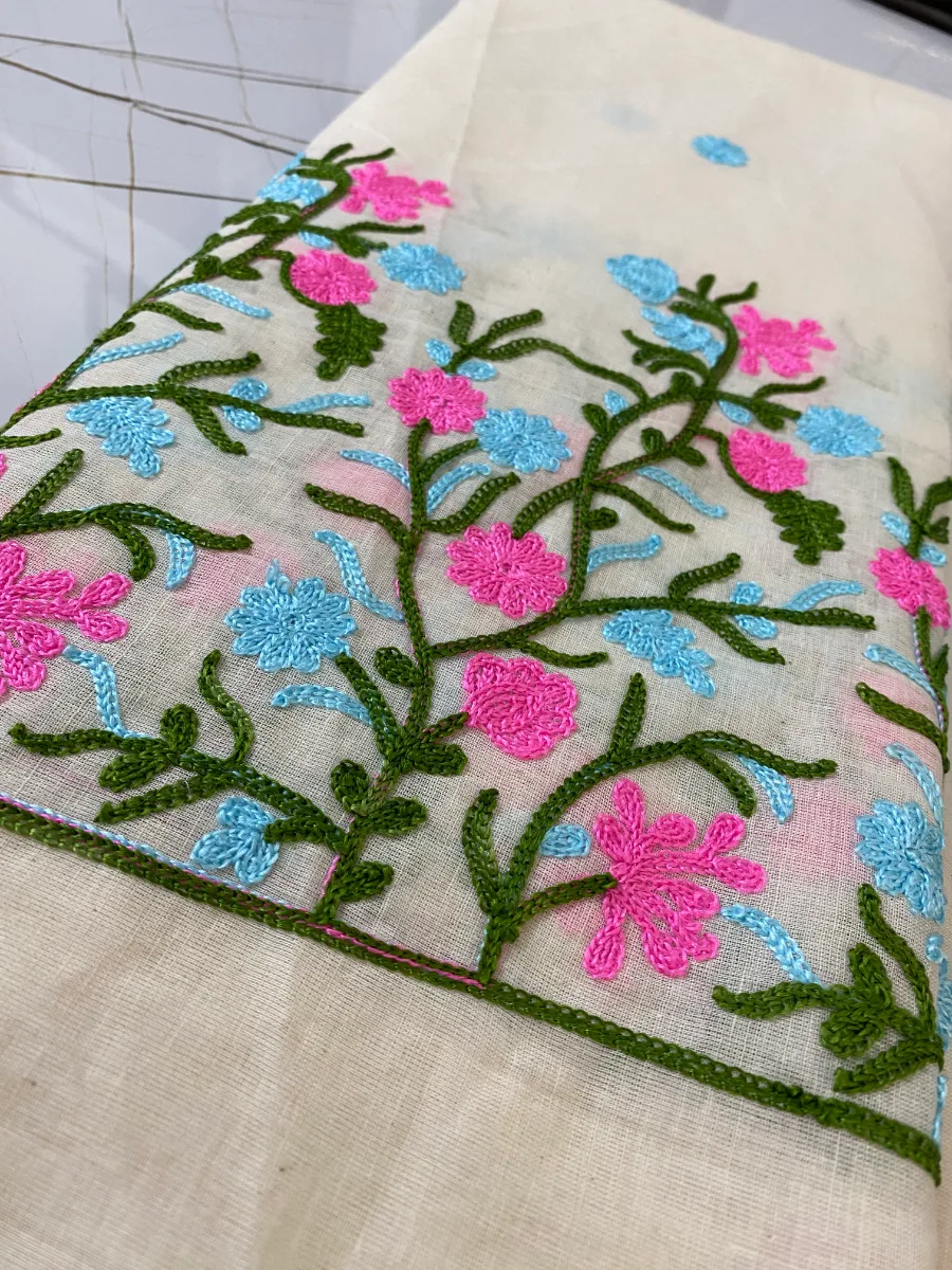 Cotton Linen Fabric | Cream & C green Suit | Thread Embroidered | Unstitched Suit