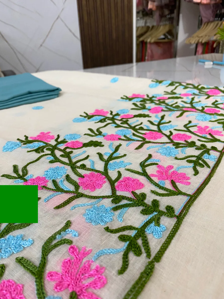 Cotton Linen Fabric | Cream & C green Suit | Thread Embroidered | Unstitched Suit