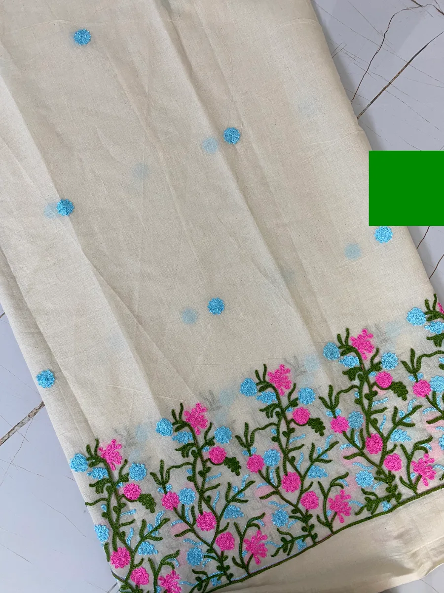 Cotton Linen Fabric | Cream & C green Suit | Thread Embroidered | Unstitched Suit