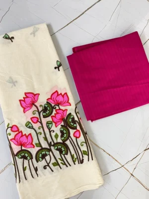 Cotton Linen Fabric | Cream & Magenta Suit | Thread Embroidered | Unstitched Suit
