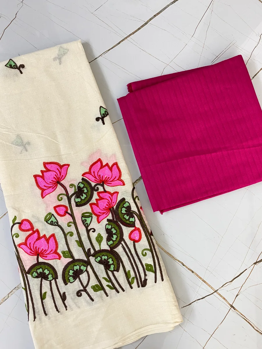 Cotton Linen Fabric | Cream & Magenta Suit | Thread Embroidered | Unstitched Suit