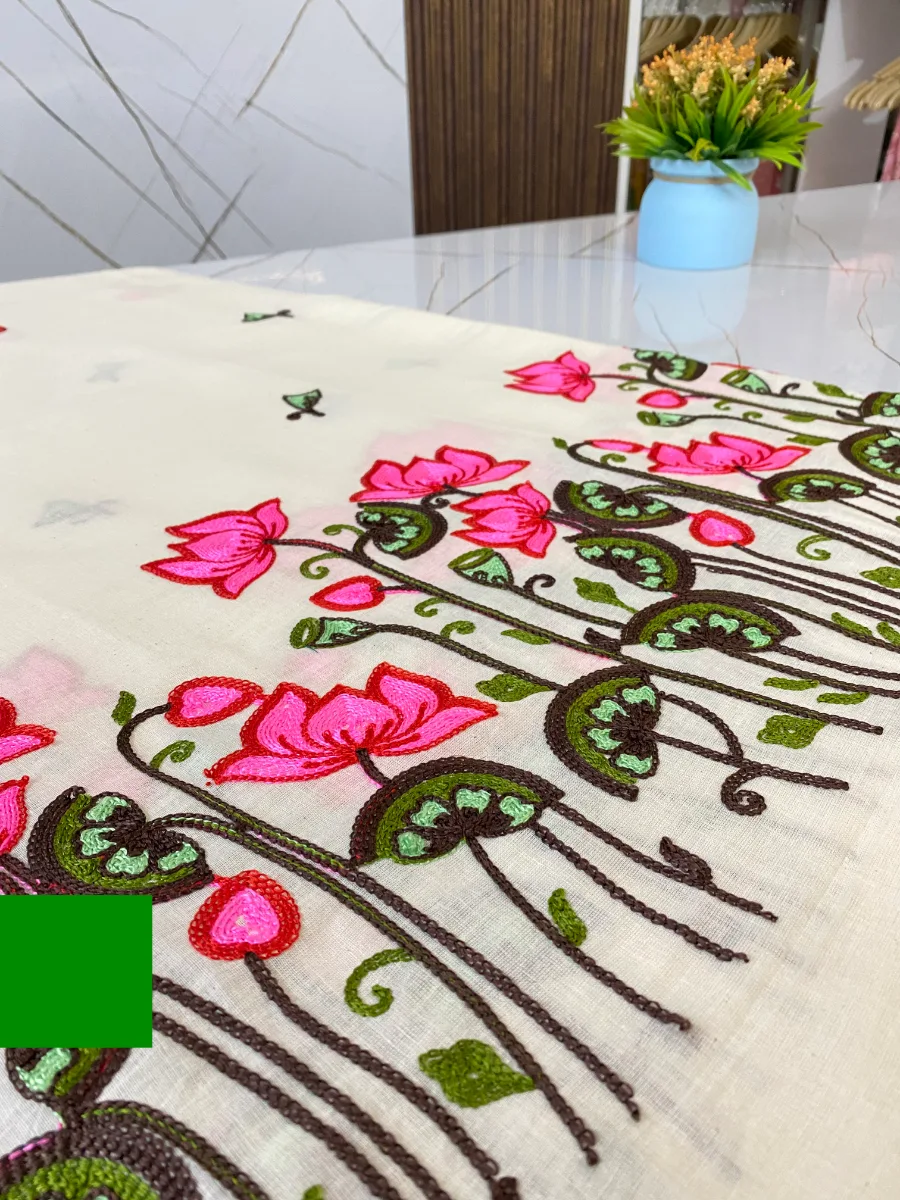 Cotton Linen Fabric | Cream & Magenta Suit | Thread Embroidered | Unstitched Suit