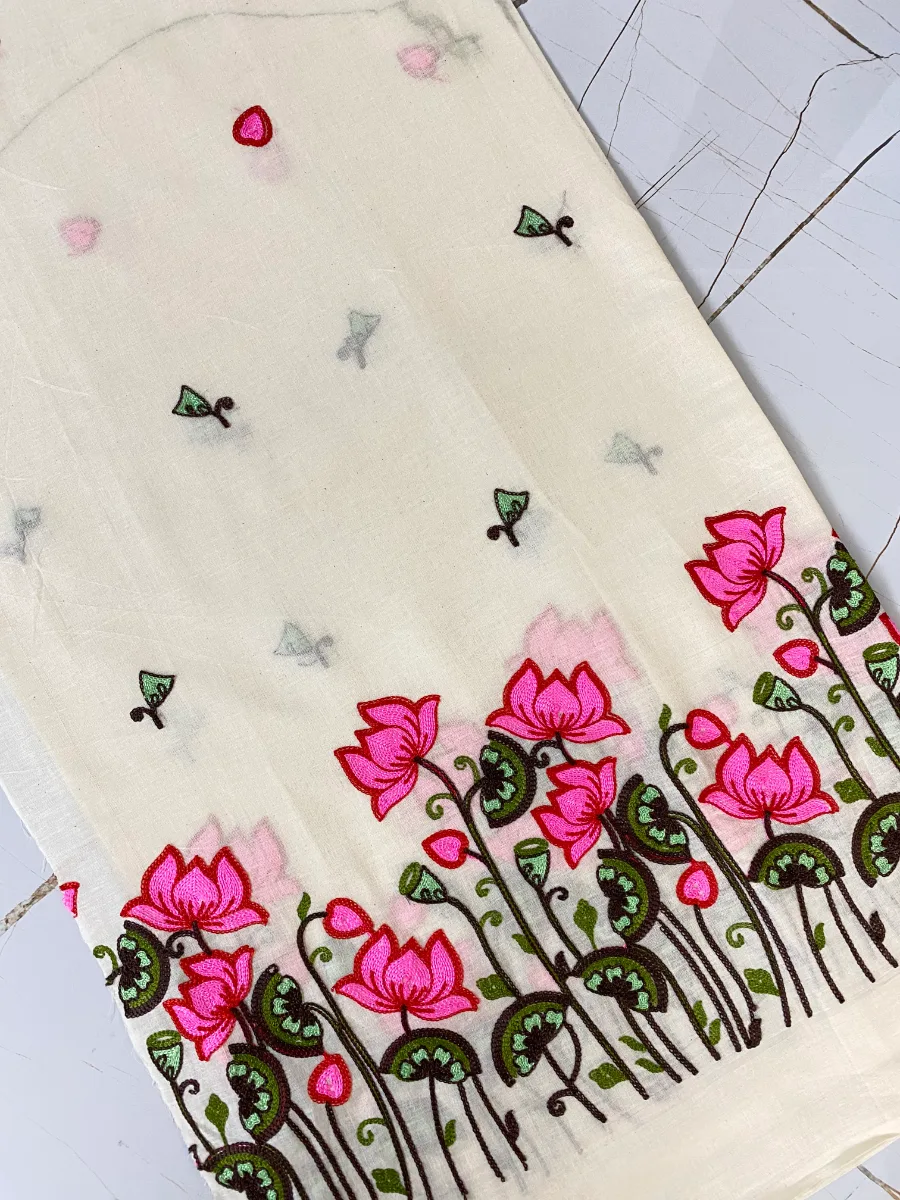 Cotton Linen Fabric | Cream & Magenta Suit | Thread Embroidered | Unstitched Suit