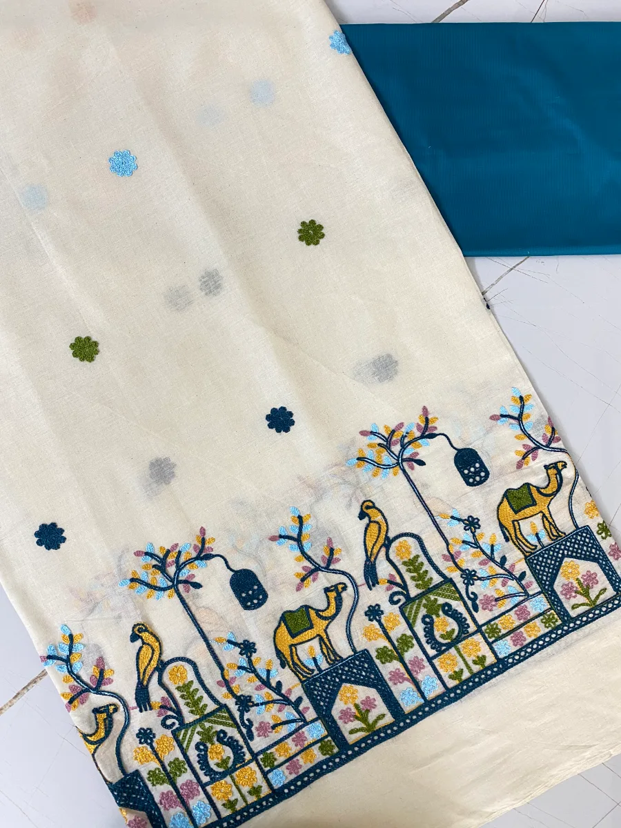 Cotton Linen Fabric | Cream & solid teal Suit | Embroidered Camel & Birds Motif | Unstitched Suit